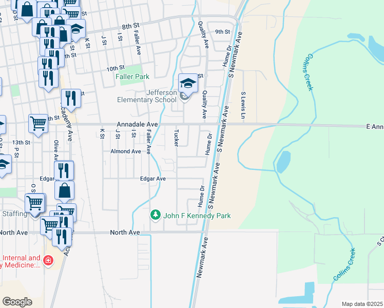 map of restaurants, bars, coffee shops, grocery stores, and more near 632 Forest Lane in Sanger
