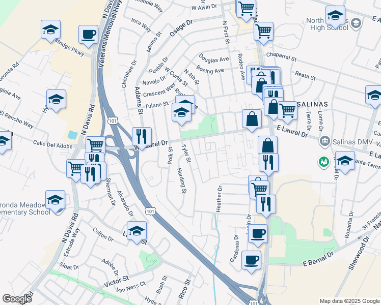 map of restaurants, bars, coffee shops, grocery stores, and more near 1182 Tyler Street in Salinas