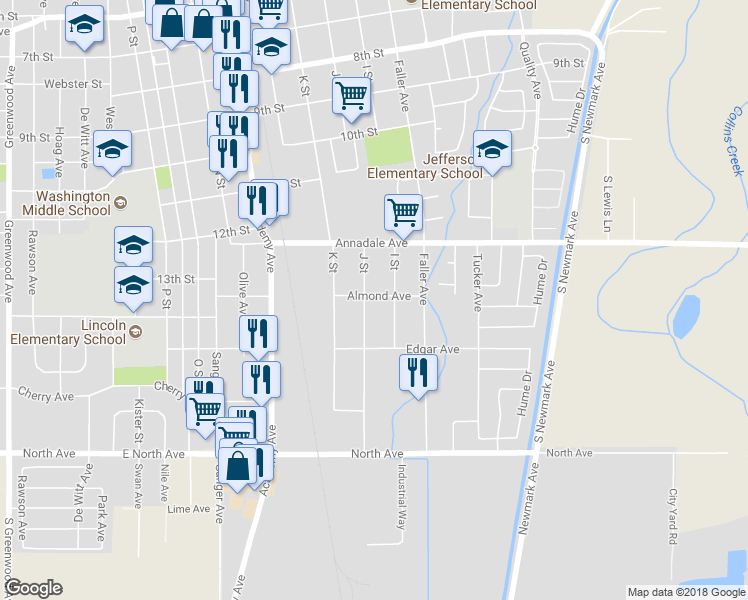 map of restaurants, bars, coffee shops, grocery stores, and more near 925 Almond Avenue in Sanger