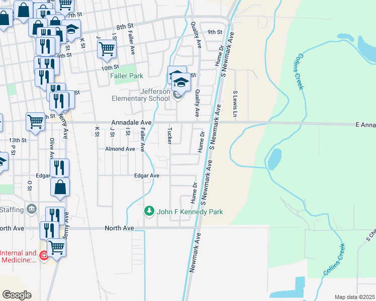 map of restaurants, bars, coffee shops, grocery stores, and more near 632 Forest Lane in Sanger