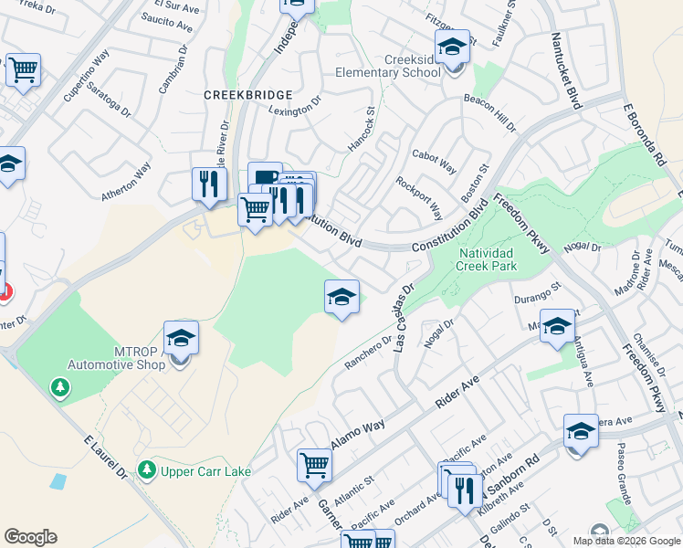 map of restaurants, bars, coffee shops, grocery stores, and more near 1551 Beacon Hill Drive in Salinas
