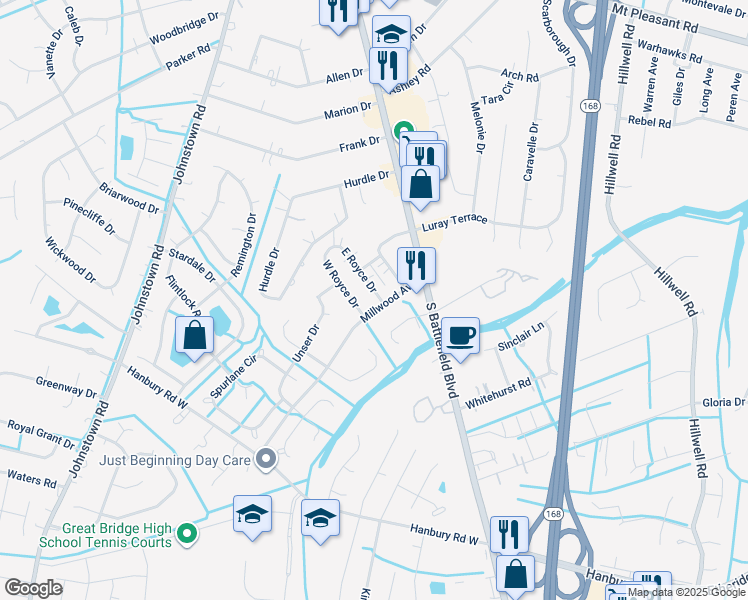 map of restaurants, bars, coffee shops, grocery stores, and more near 101 East Royce Drive in Chesapeake