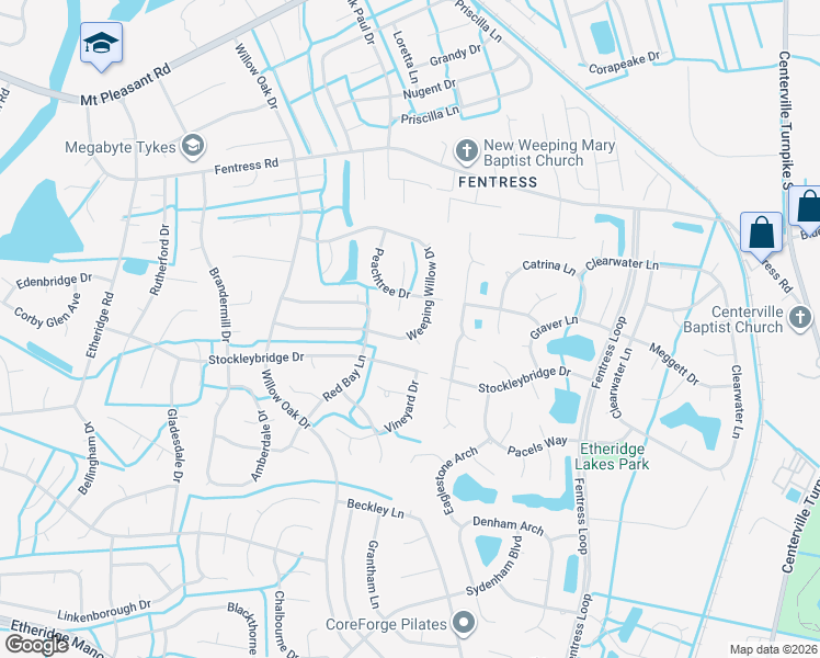 map of restaurants, bars, coffee shops, grocery stores, and more near 1007 Weeping Willow Drive in Chesapeake