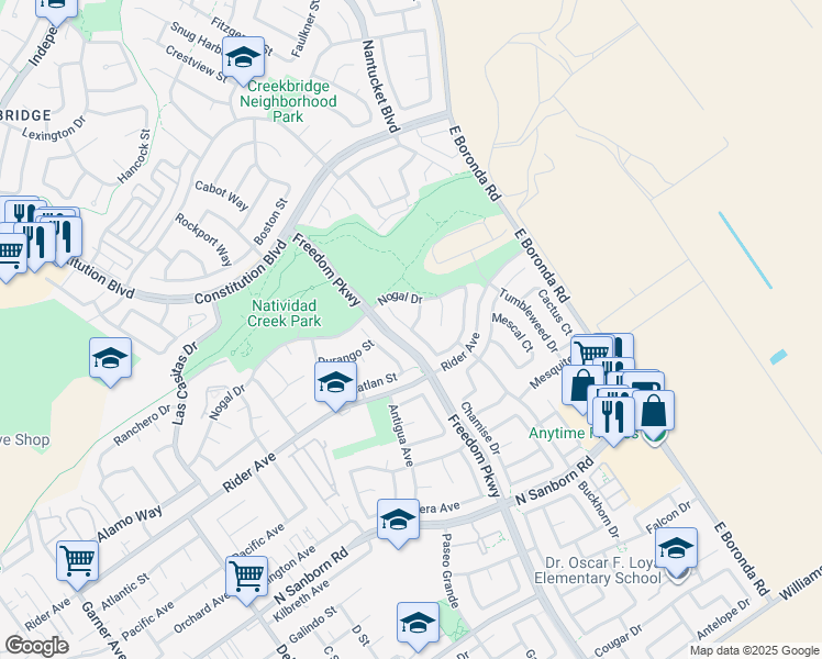 map of restaurants, bars, coffee shops, grocery stores, and more near Madrone Drive & Buckeye Way in Salinas