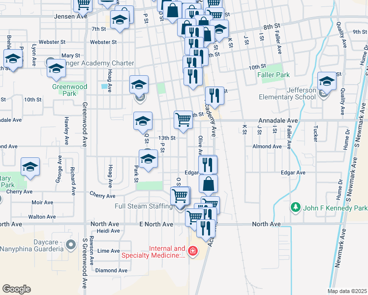 map of restaurants, bars, coffee shops, grocery stores, and more near 1319 O Street in Sanger