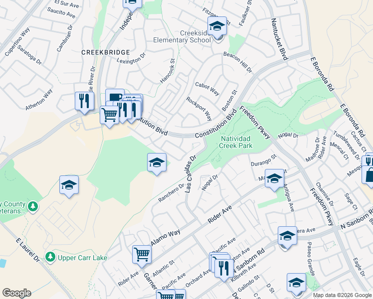 map of restaurants, bars, coffee shops, grocery stores, and more near 1159 Cobblestone Street in Salinas
