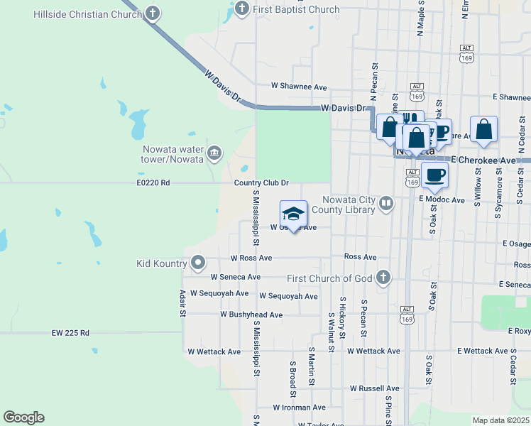 map of restaurants, bars, coffee shops, grocery stores, and more near 221 South Mississippi Street in Nowata