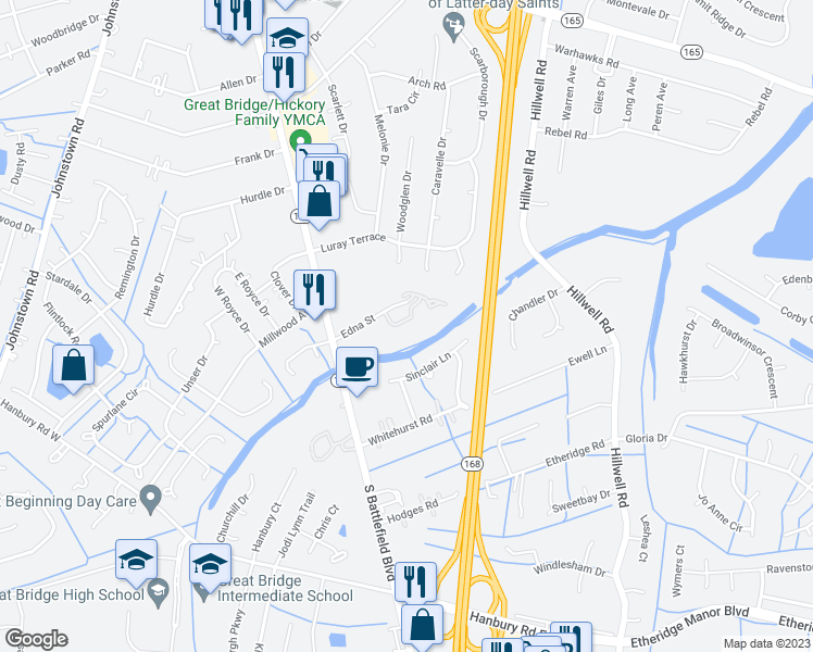 map of restaurants, bars, coffee shops, grocery stores, and more near 229 North Hill Lane in Chesapeake