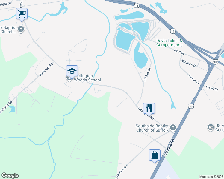map of restaurants, bars, coffee shops, grocery stores, and more near 665 Turlington Road in Suffolk