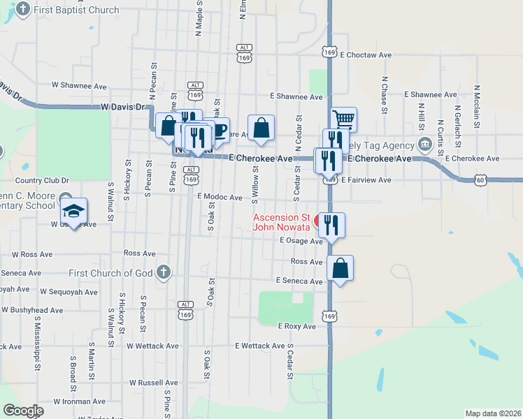 map of restaurants, bars, coffee shops, grocery stores, and more near 211 South Willow Street in Nowata