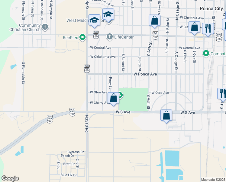 map of restaurants, bars, coffee shops, grocery stores, and more near 1311 West Otoe Avenue in Ponca City