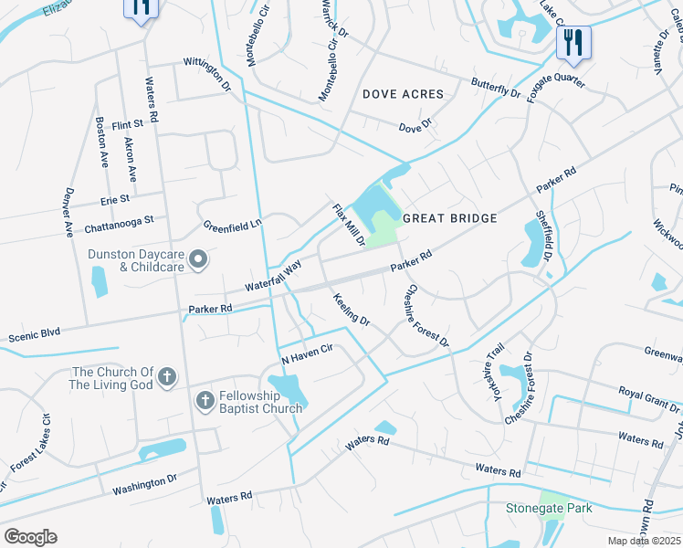 map of restaurants, bars, coffee shops, grocery stores, and more near 841 Parker Road in Chesapeake