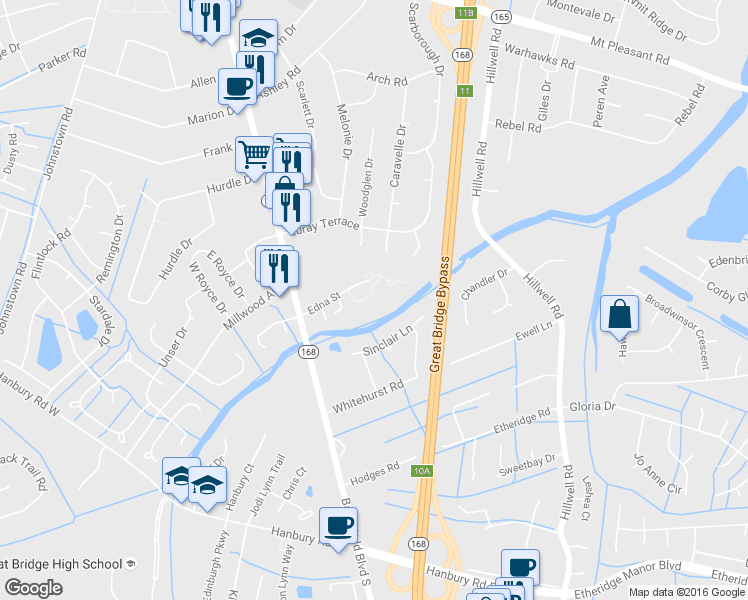 map of restaurants, bars, coffee shops, grocery stores, and more near 235 North Hill Lane in Chesapeake