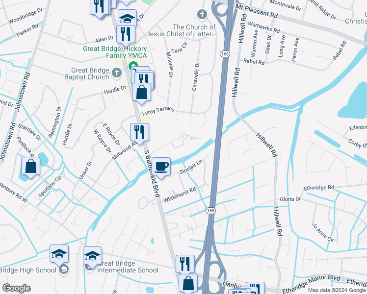 map of restaurants, bars, coffee shops, grocery stores, and more near 235 North Hill Lane in Chesapeake