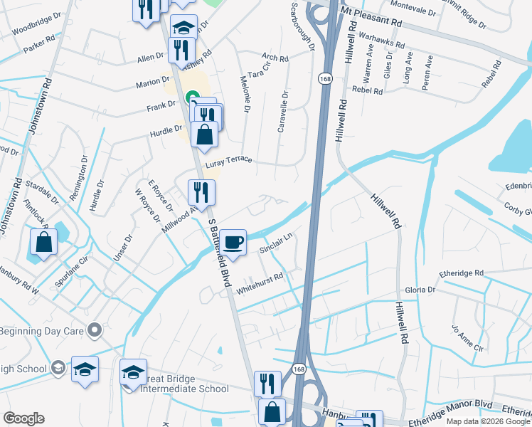 map of restaurants, bars, coffee shops, grocery stores, and more near 237 North Hill Lane in Chesapeake