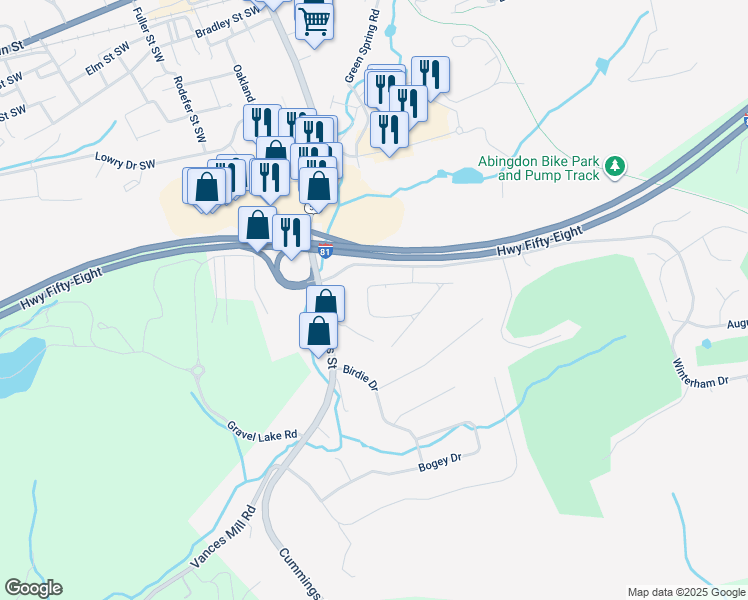 map of restaurants, bars, coffee shops, grocery stores, and more near 232 Glenrochie Drive in Abingdon