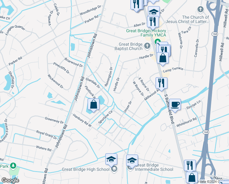 map of restaurants, bars, coffee shops, grocery stores, and more near 244 Hurdle Drive in Chesapeake