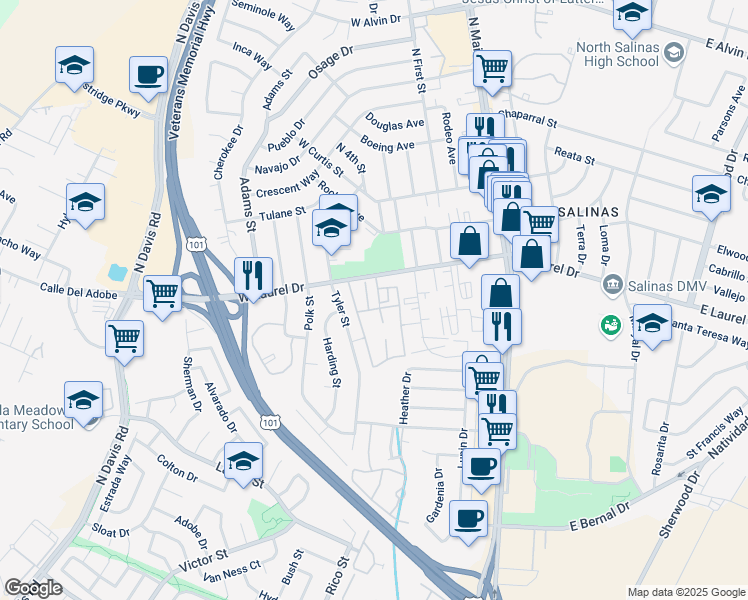 map of restaurants, bars, coffee shops, grocery stores, and more near 429 West Laurel Drive in Salinas