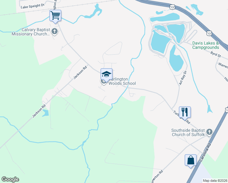 map of restaurants, bars, coffee shops, grocery stores, and more near 641 Turlington Road in Suffolk