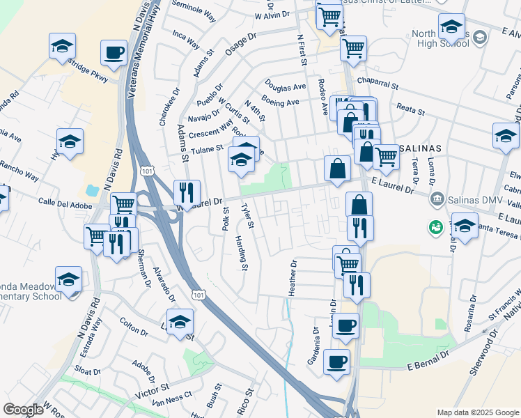 map of restaurants, bars, coffee shops, grocery stores, and more near 1182 Tyler Street in Salinas