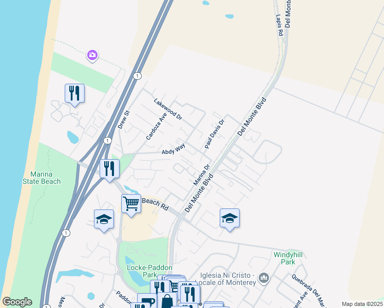 map of restaurants, bars, coffee shops, grocery stores, and more near 173 Linde Circle in Marina