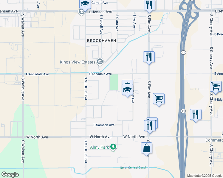map of restaurants, bars, coffee shops, grocery stores, and more near 1350 East Annadale Avenue in Fresno