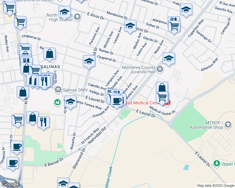 map of restaurants, bars, coffee shops, grocery stores, and more near 1238 Granada Avenue in Salinas