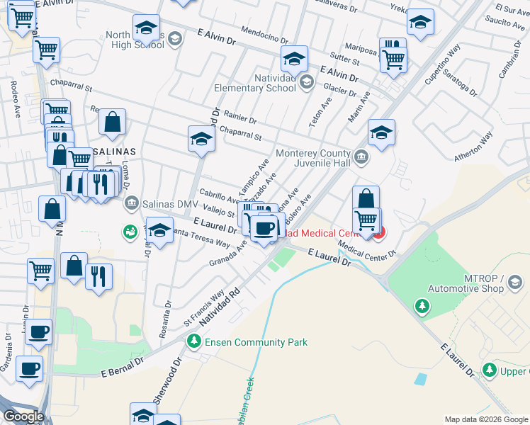 map of restaurants, bars, coffee shops, grocery stores, and more near 1238 Granada Avenue in Salinas