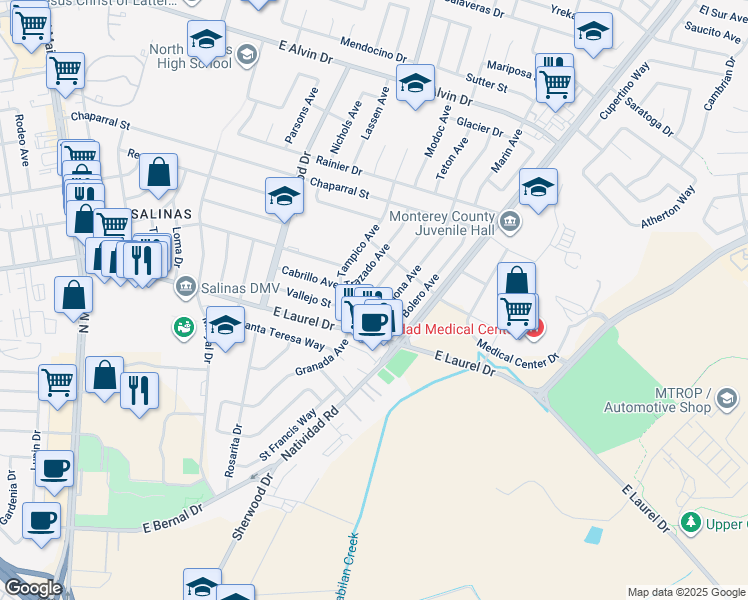 map of restaurants, bars, coffee shops, grocery stores, and more near 1238 Granada Avenue in Salinas