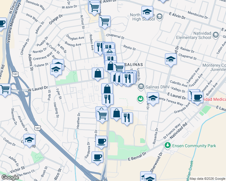 map of restaurants, bars, coffee shops, grocery stores, and more near 1180 North Main Street in Salinas