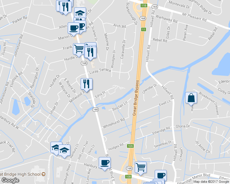 map of restaurants, bars, coffee shops, grocery stores, and more near 257 North Hill Lane in Chesapeake