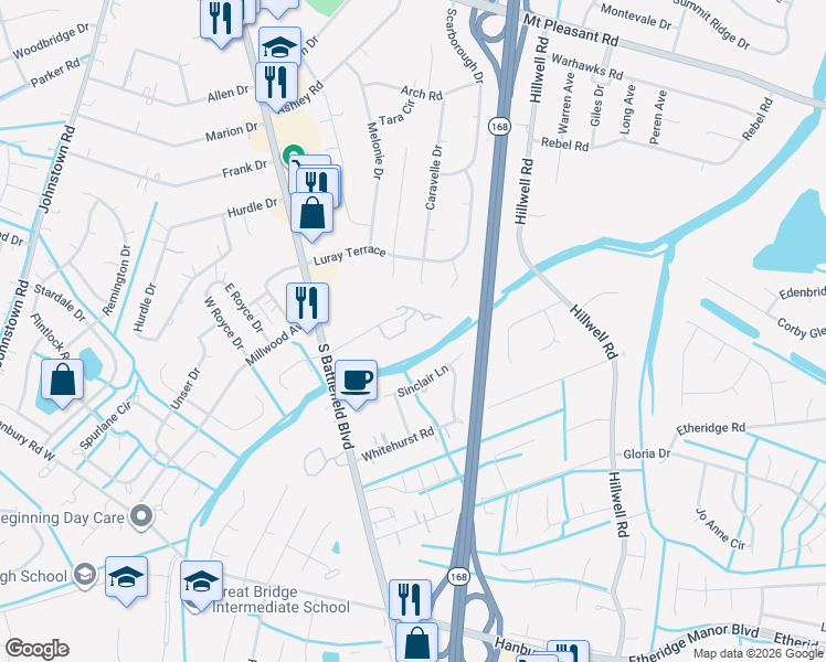 map of restaurants, bars, coffee shops, grocery stores, and more near 241 North Hill Lane in Chesapeake