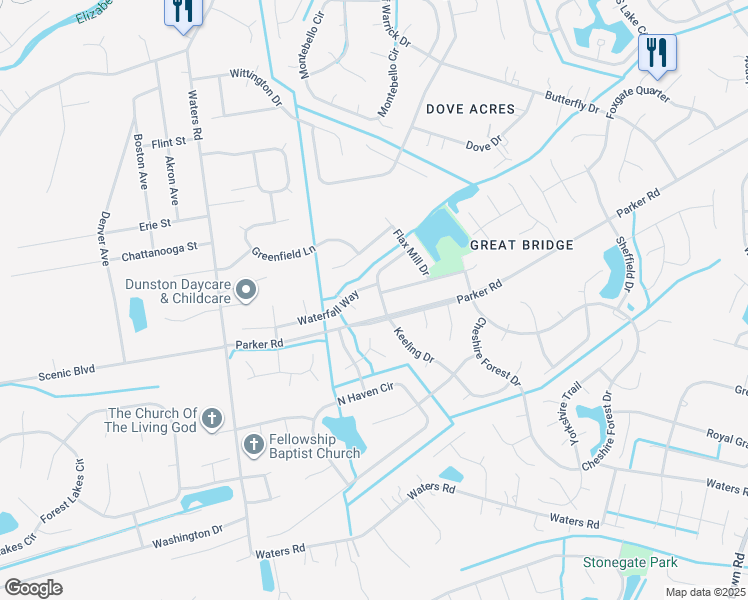 map of restaurants, bars, coffee shops, grocery stores, and more near 709 Sound Court in Chesapeake