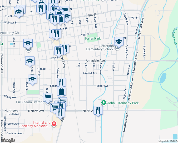 map of restaurants, bars, coffee shops, grocery stores, and more near 925 Almond Avenue in Sanger