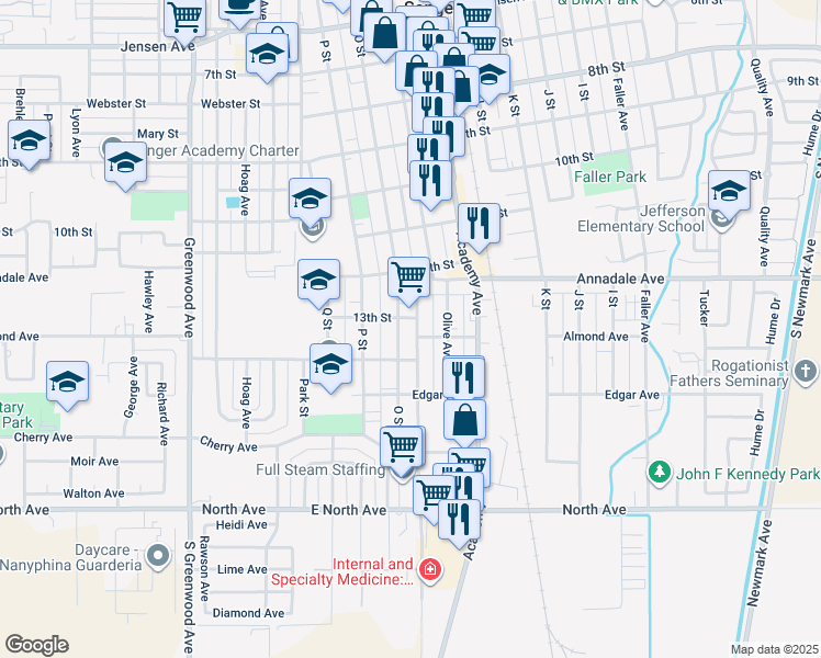 map of restaurants, bars, coffee shops, grocery stores, and more near 1319 O Street in Sanger