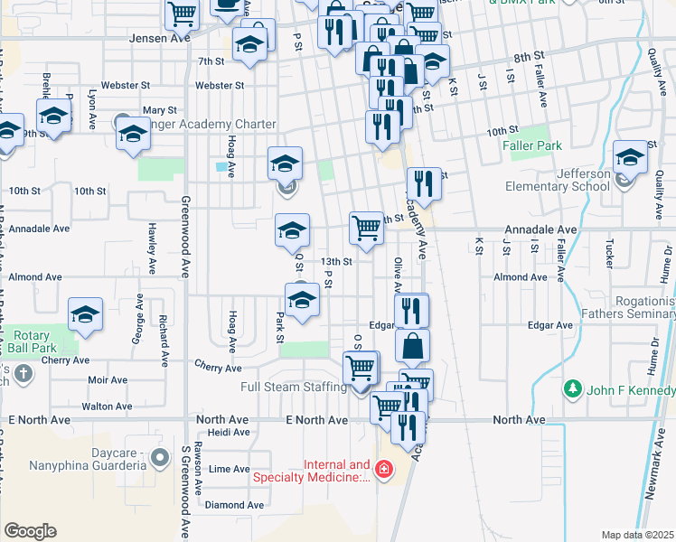 map of restaurants, bars, coffee shops, grocery stores, and more near 1319 O Street in Sanger