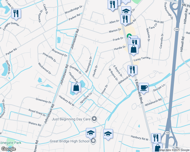 map of restaurants, bars, coffee shops, grocery stores, and more near 252 Hurdle Drive in Chesapeake