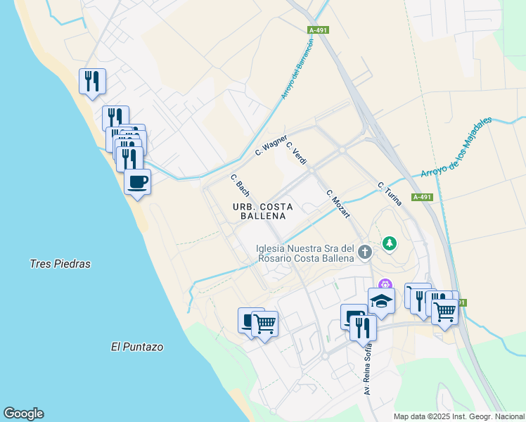 map of restaurants, bars, coffee shops, grocery stores, and more near in Chipiona