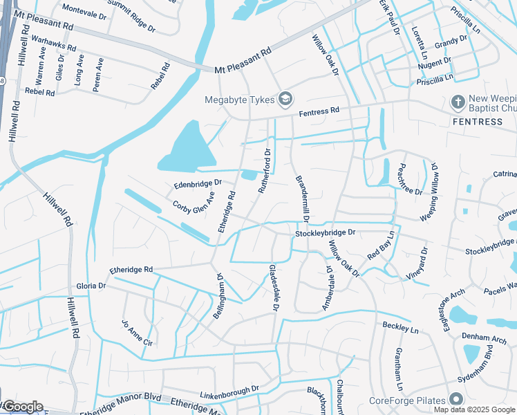 map of restaurants, bars, coffee shops, grocery stores, and more near 713 Rutherford Drive in Chesapeake