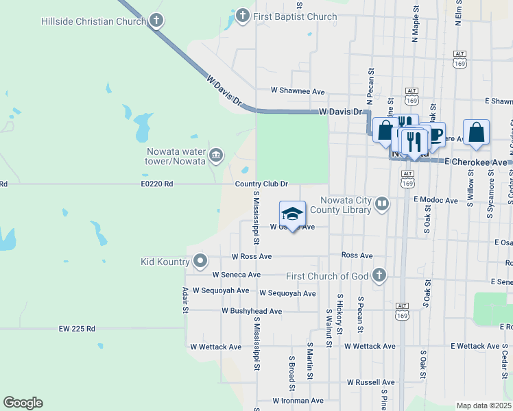 map of restaurants, bars, coffee shops, grocery stores, and more near 221 South Mississippi Street in Nowata