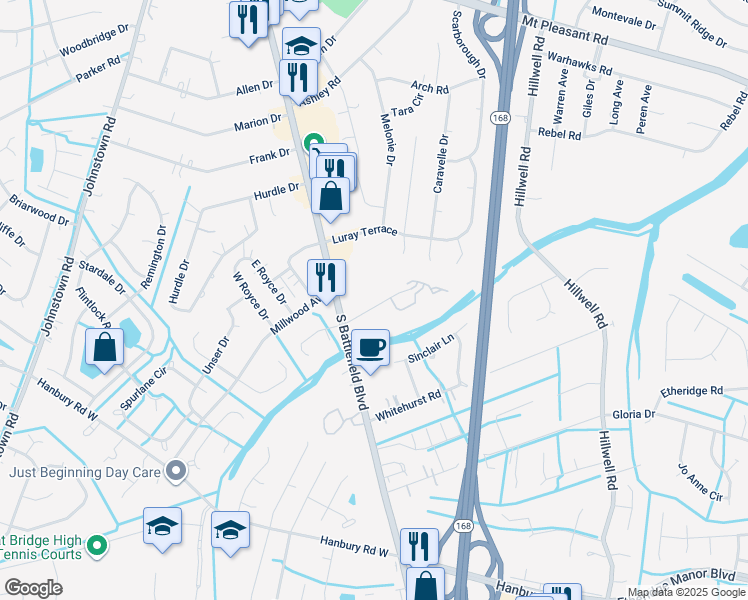 map of restaurants, bars, coffee shops, grocery stores, and more near 156 Edna Street in Chesapeake