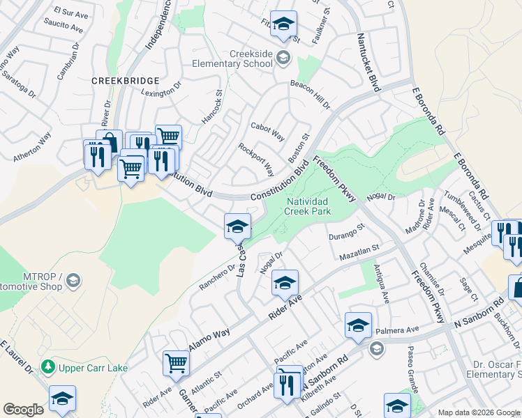 map of restaurants, bars, coffee shops, grocery stores, and more near 1174 Cobblestone Street in Salinas