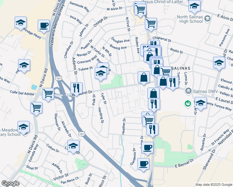 map of restaurants, bars, coffee shops, grocery stores, and more near 429 West Laurel Drive in Salinas