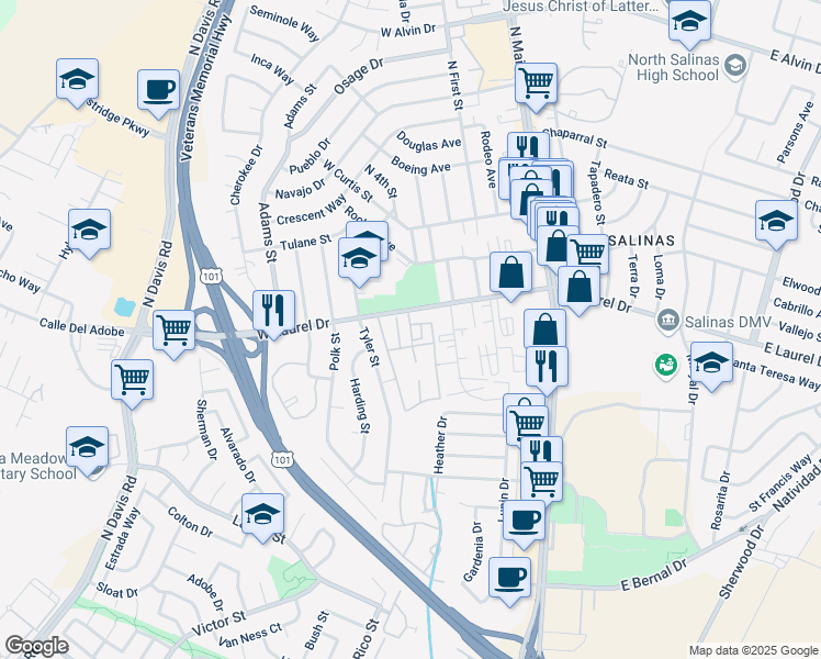 map of restaurants, bars, coffee shops, grocery stores, and more near 429 West Laurel Drive in Salinas