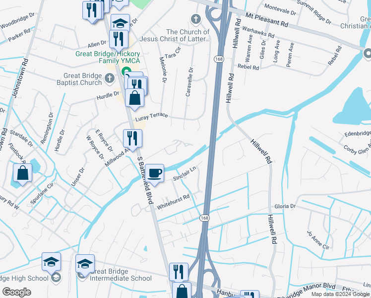 map of restaurants, bars, coffee shops, grocery stores, and more near 235 North Hill Lane in Chesapeake