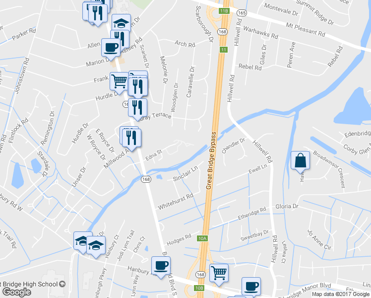 map of restaurants, bars, coffee shops, grocery stores, and more near 403 South Hill Lane in Chesapeake