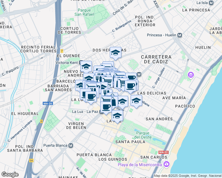 map of restaurants, bars, coffee shops, grocery stores, and more near 12 Calle Sierra del Madroño in Málaga
