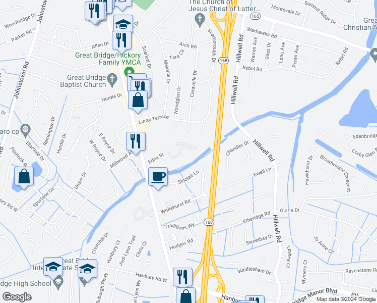 map of restaurants, bars, coffee shops, grocery stores, and more near 403 South Hill Lane in Chesapeake
