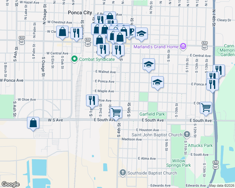 map of restaurants, bars, coffee shops, grocery stores, and more near 619 South 4th Street in Ponca City