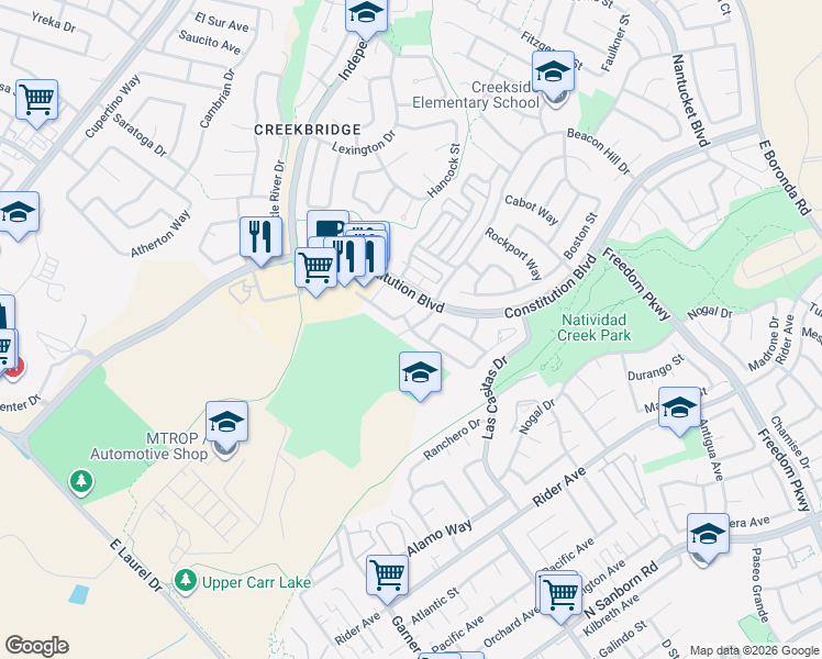 map of restaurants, bars, coffee shops, grocery stores, and more near 1532 Beacon Hill Drive in Salinas